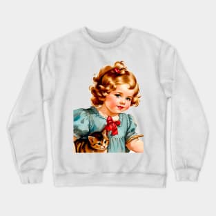 Little girl in a green dress with her beloved brindle kitten Crewneck Sweatshirt